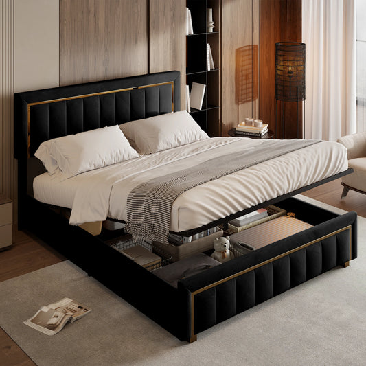 Bedframe – Platformbed – Tweepersoonsbed – Gestoffeerd Bed – Opbergbed – Zwart – 140x200 cm – Hydraulische Opbergruimte – Stevig Metaal & MDF Frame