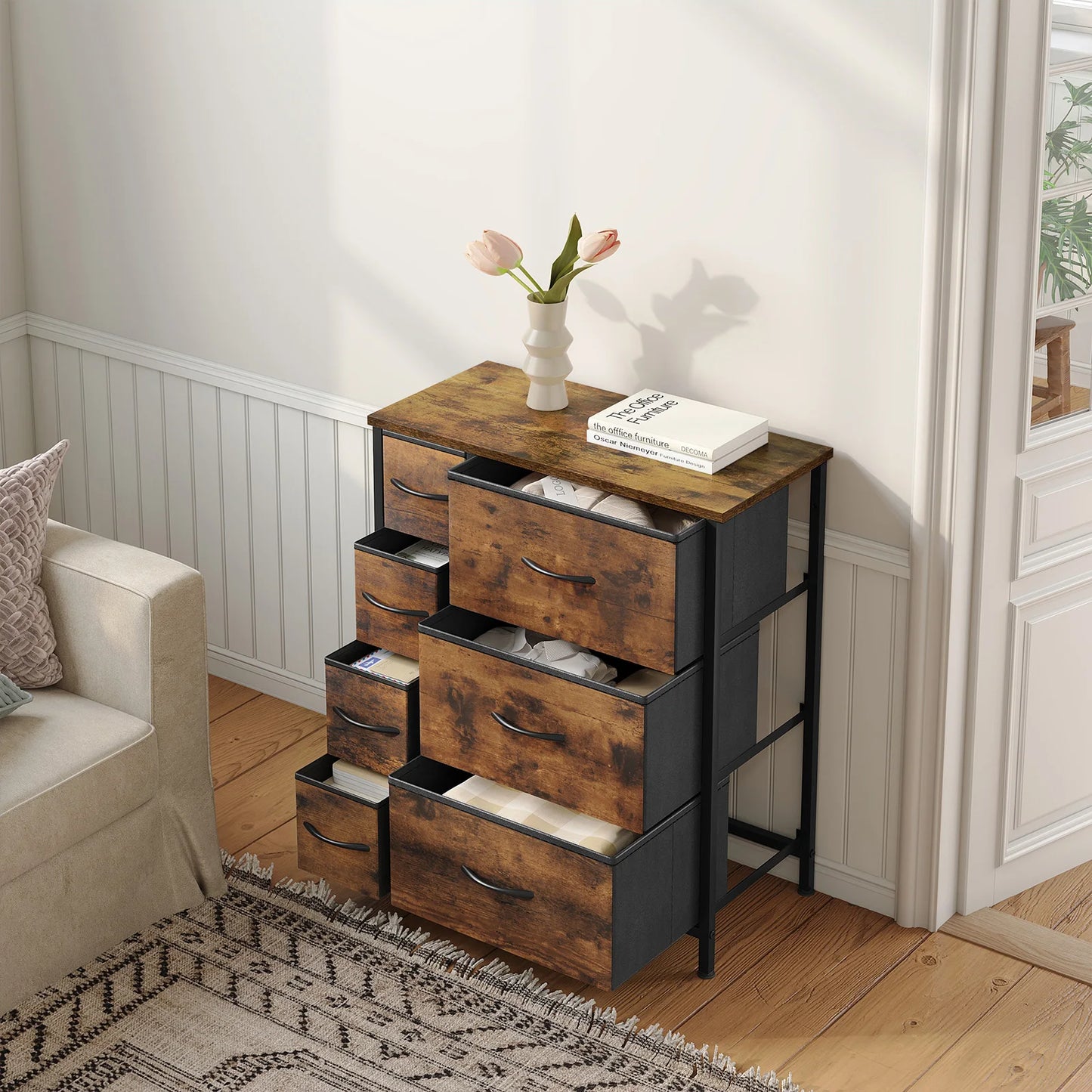 Opbergkast - Ladekast - Ladekastje - Ladenkastje - Ladenkast - Metalen Frame - 7 Lades - voor Woonkamer - Slaapkamer en Hal - Vintage Bruin Zwart