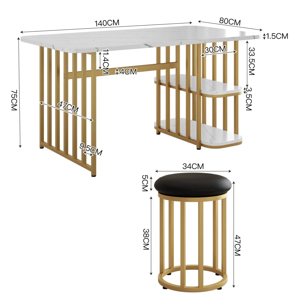 Eettafelset – Eettafel Met Opbergruimte – Tafel Met Stoelen – Witte Tafel – Gouden Poten – 140x80x75 Cm – Metalen Onderstel