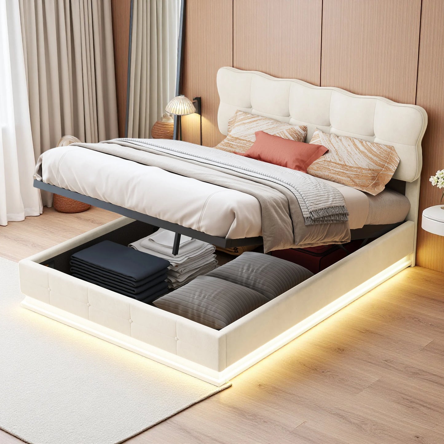 Tweepersoonsbed – Gestoffeerd Bed – Opbergbed – LED Bed – Hydraulisch Bed – 160 x 200 cm – Beige Velvet – Met Dimbare LED-Verlichting en Grote Opbergruimte