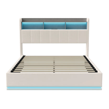 Gestoffeerd tweepersoonsbed – Tweepersoonsbed met opbergruimte – Bedframe – Slaapbed – Led-bed – Grijs Velvet – 160x200 cm – Ingebouwde LED-lichtbar – Gasdrukveer opbergruimte