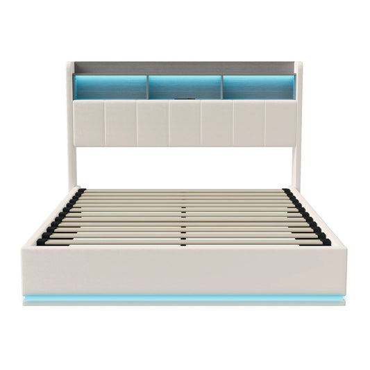 Velvet Tweepersoonsbed – Bedframe – Slaapkamerbed – Boxspring – Opbergbed – Wit Velvet 140x200 cm – LED-Verlichting – Hydraulische Opbergruimte