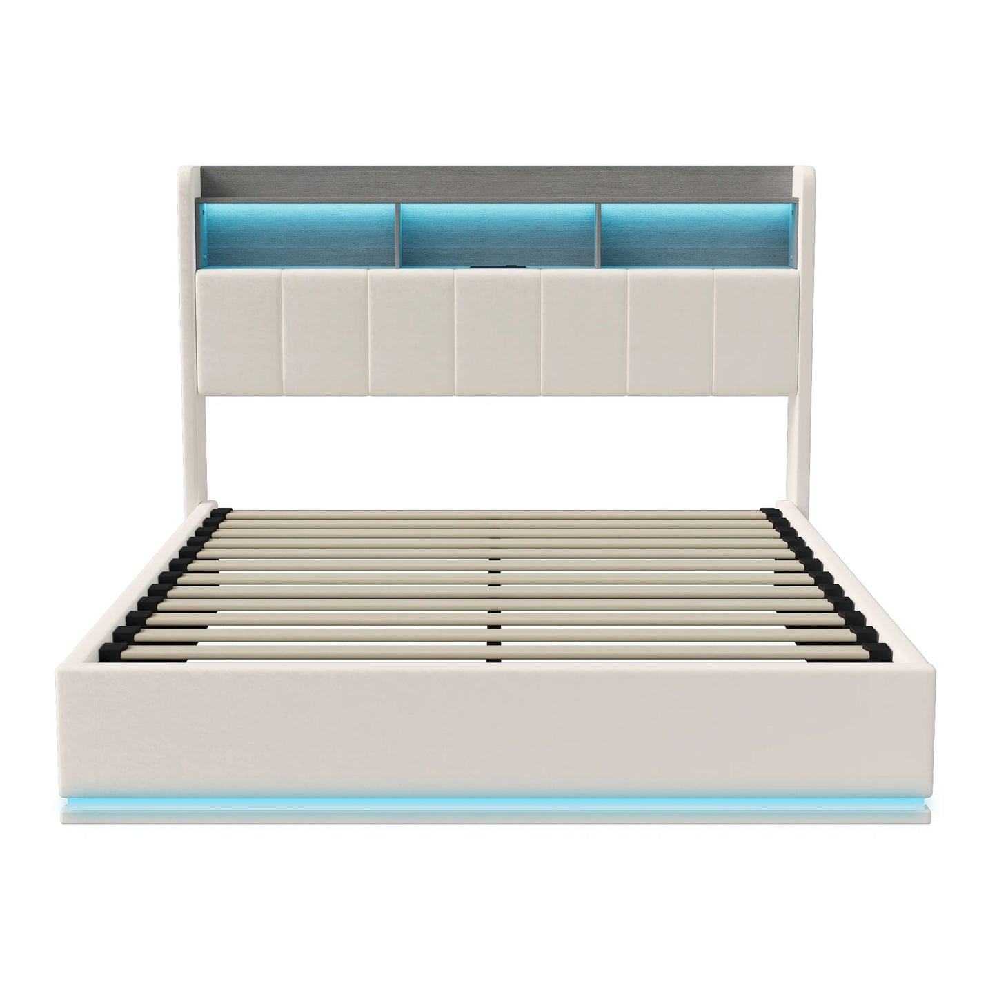 Grijs Geveerd Tweepersoonsbed – Stijlvol Bed – Opbergbed – Bed Met LED Verlichting – Hydraulisch Bed – 140 x 200 cm – Velvet Bekleding – Ruime Opbergruimte