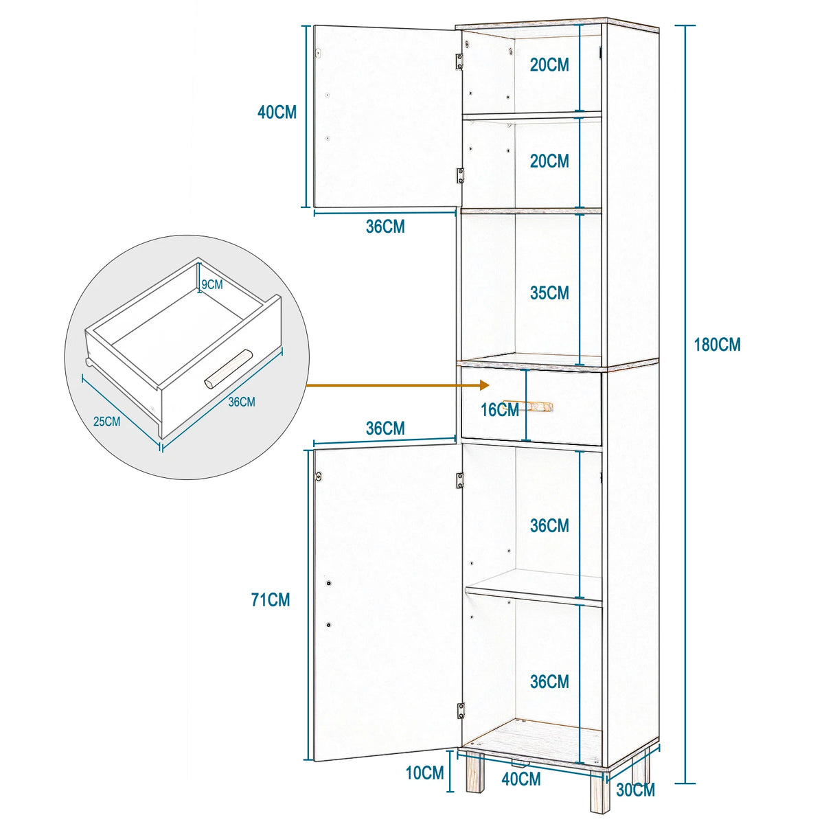 Badkamermeubel - Badkamerkast - Wastafelonderkasten - Wastafelmeubel - 39x179x30cm - 5 vakken 1 lade - Hoekplank Opbergrek - Wit