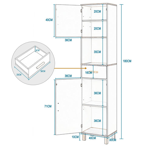 Badkamermeubel - Badkamerkast - Wastafelonderkasten - Wastafelmeubel - 39x179x30cm - 5 vakken 1 lade - Hoekplank Opbergrek - Wit
