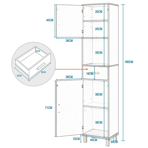 Badkamermeubel - Badkamerkast - Wastafelonderkasten - Wastafelmeubel - 39x179x30cm - 5 vakken 1 lade - Hoekplank Opbergrek - Wit