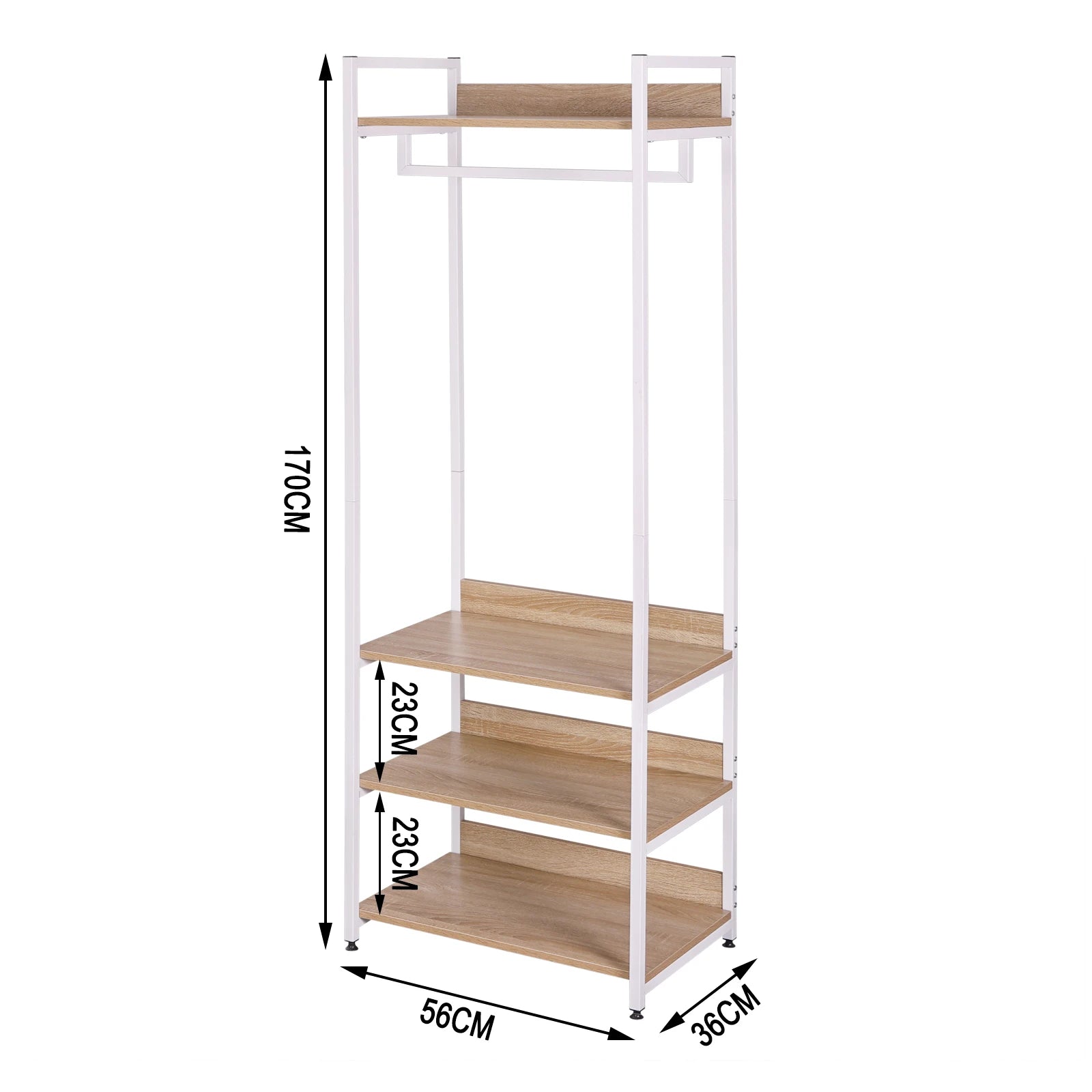 Kledingrek - Kledinghangers - Kledingrek Metaal - met 3 Houten Planken - Garderobekast met Kledingrail – Kapstok met Schoenenrek – Voor Slaapkamer & Gang - 56x36x170cm - Licht Eiken Wit - QUORE