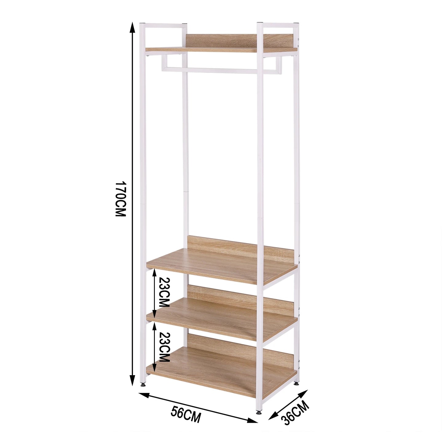 Kapstok met Schoenenbank - Staande Kapstok - Garderoberek - 3 Legplanken - Industrieel Design - 170cm Hoog - Licht Eiken Wit