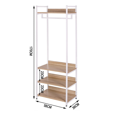 Kledingrek - Kledinghangers - Kledingrek Metaal - met 3 Houten Planken - Garderobekast met Kledingrail – Kapstok met Schoenenrek – Voor Slaapkamer & Gang - 56x36x170cm - Licht Eiken Zwart