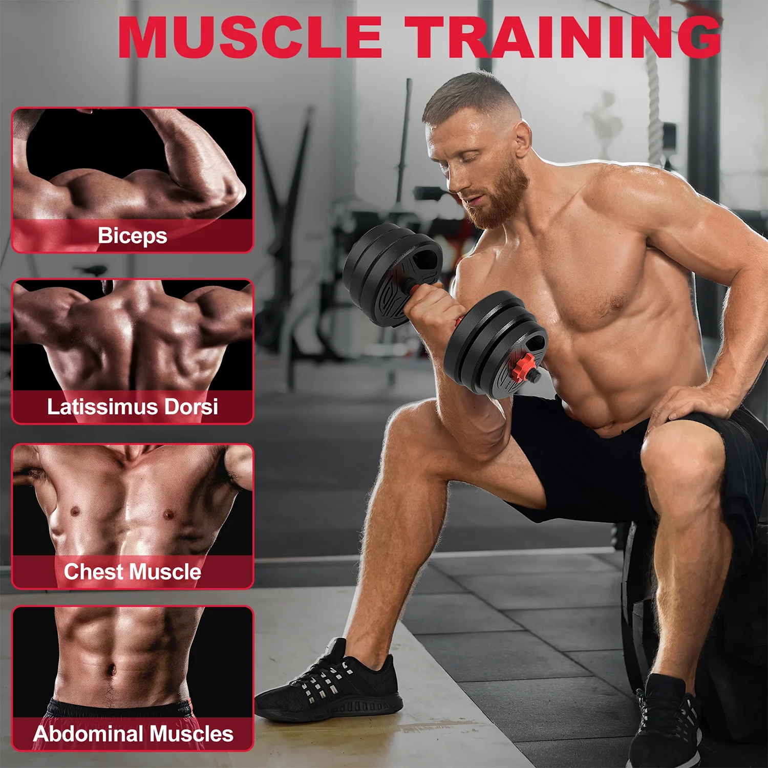 Dumbells - Halterset - 3-in-1 - Verstelbare – 20KG - Halterstang Met Gewichten – Voor Krachttraining - en Fitness - Duurzame Gewichtsplaten - Zwart-Rood - QUORE