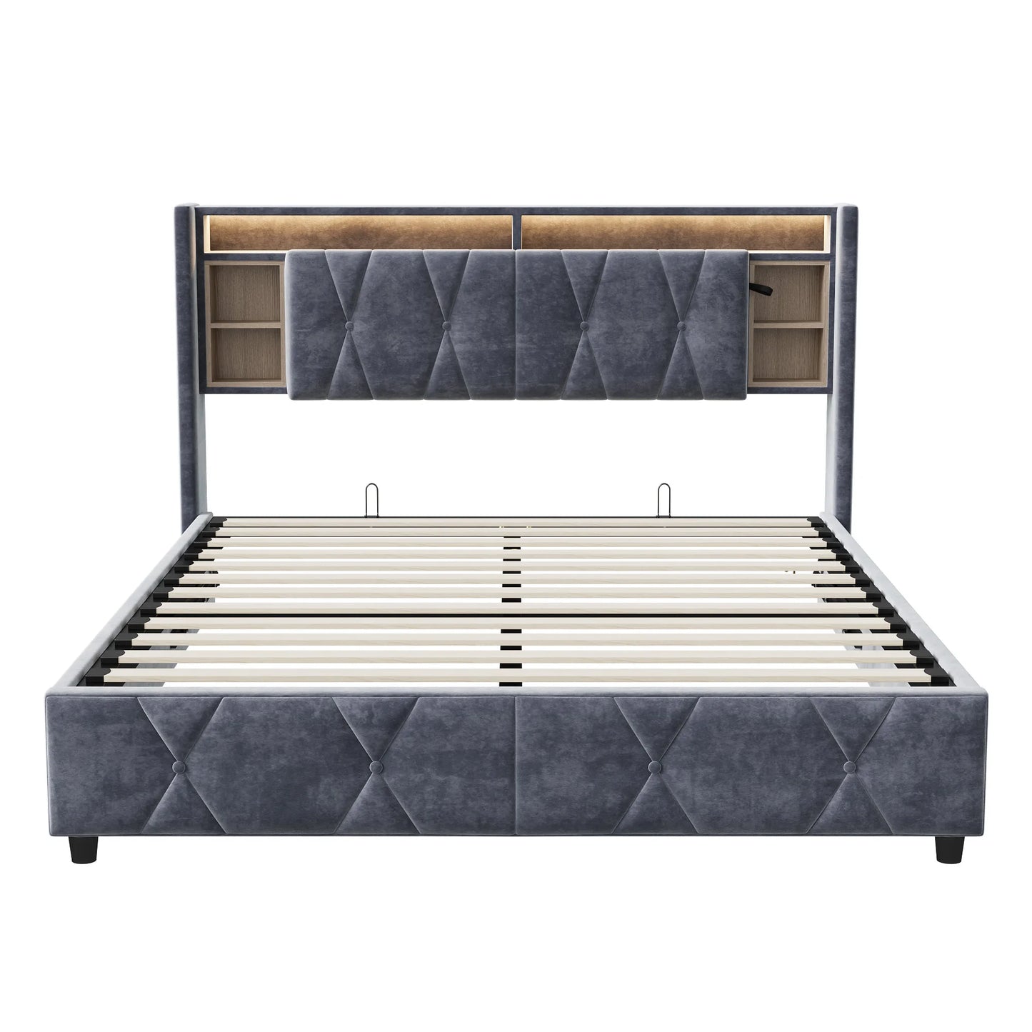 Tweepersoonsbed – Bedframe – Opbergbed – Slaapbed – Fluwelen Bed – 140x200 cm – Met LED-verlichting en USB-aansluitingen – Stevig Metalen Frame met Houten Lattenbodem