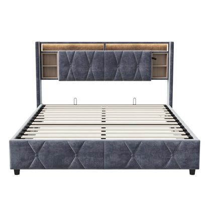 Tweepersoonsbed – Stoffen Bed – Opbergbed – Bedframe – Slaapbank – 160x200 cm – Grijze Veloursstoffering – USB Oplaadstation & Opbergruimte