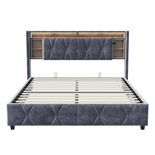 Tweepersoonsbed – Stoffen Bed – Opbergbed – Bedframe – Slaapbank – 160x200 cm – Grijze Veloursstoffering – USB Oplaadstation & Opbergruimte