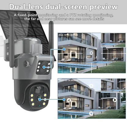 Beveiligingscamera's - Camerabewaking - Buitencamera - Zonnecamera - Waterdicht - 4K - 8MP - WiFi PTZ  - Dual Lens & Dual Screen – Bewegingsdetectie met 32GB Opslag – Buitenbeveiliging – Buiten IP Beveiligingscamera met Nachtzicht