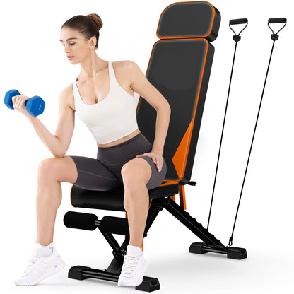 Halterbank - met Weerstandsbanden - Theffen - Sit-ups - Verstelbare - Full-Body Oefeningen - Thuisfitnessruimte - Zwart Oranje - QUORE