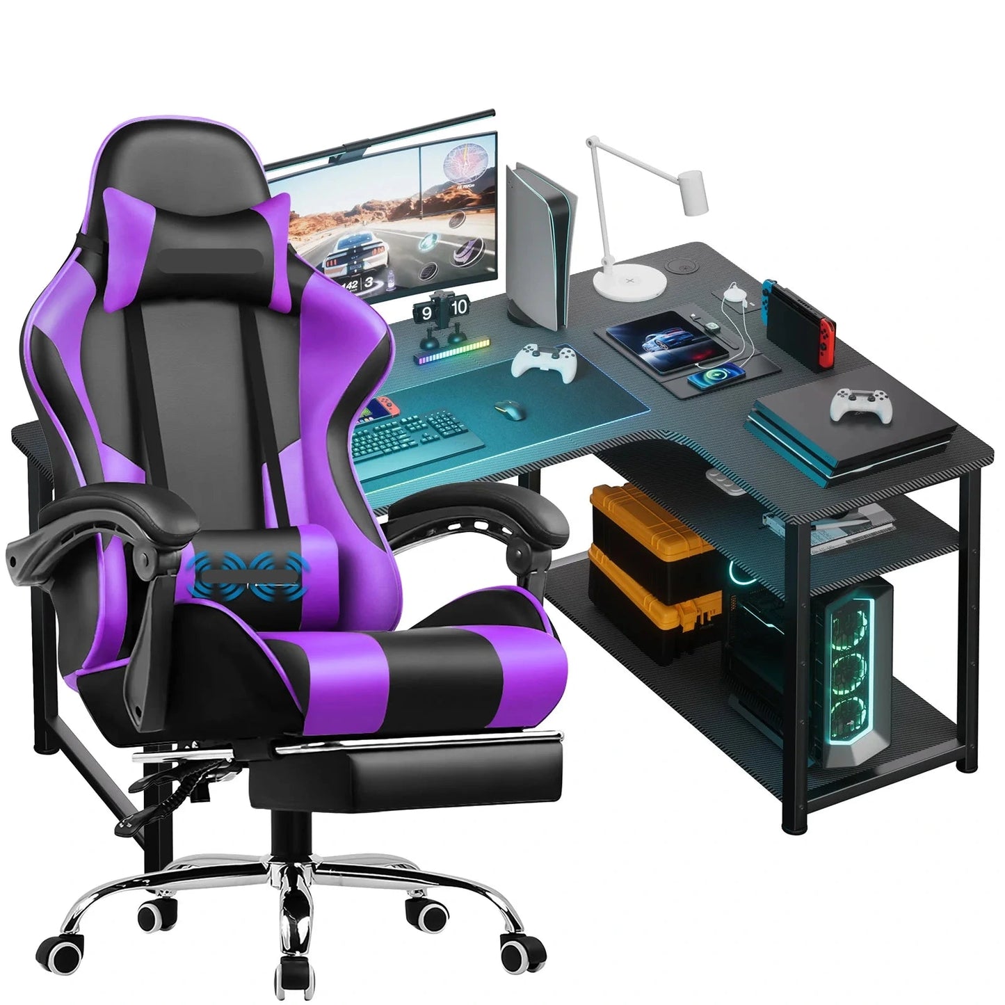 Bureau- en stoelencombinatie – Gamestoel – Kantoorstoel – Werkplek set – Bureau set – Ergonomisch design – Verstelbare stoel