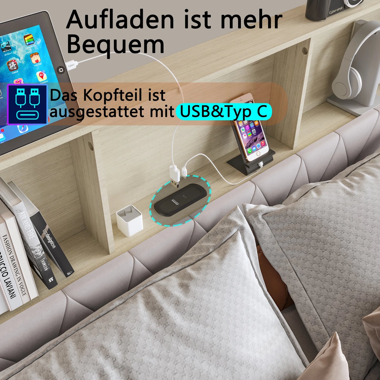Bedframe – Gestoffeerd Bed – Tweepersoonsbed – Opbergbed – Slaapmeubel – 140x200 cm – Vier Laden – Hoofdbord Met Opbergruimte - QUORE