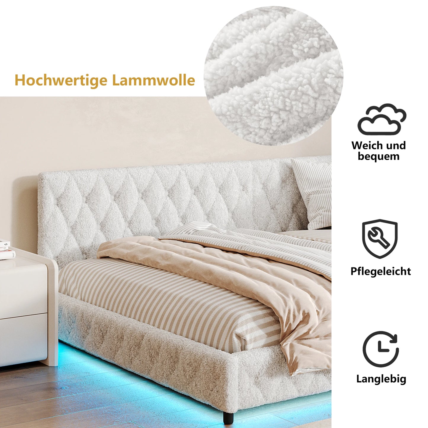Bankbed – Slaapbank – Bedbank – Logeerbed – Sofa Bed – L-Vormig 140x200 cm – Teddy Velvet Bekleding Met LED-Verlichting En USB-Aansluitingen