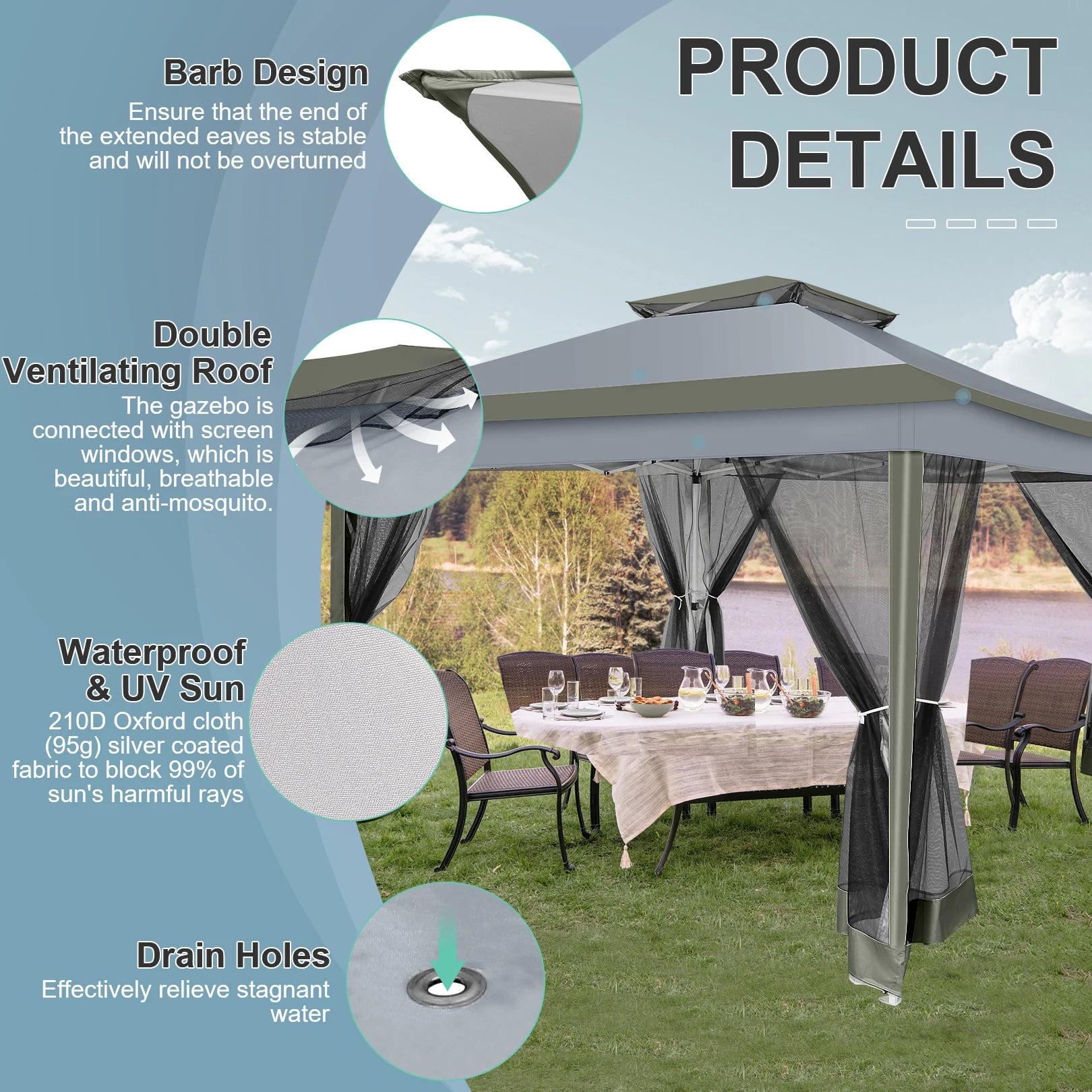 Paviljoen – Tuinpaviljoen – Partytent – Overkapping – Schaduwdoek – Waterafstotend – UV-Bescherming - 3 x3 Meter - Donkergrijs - QUORE