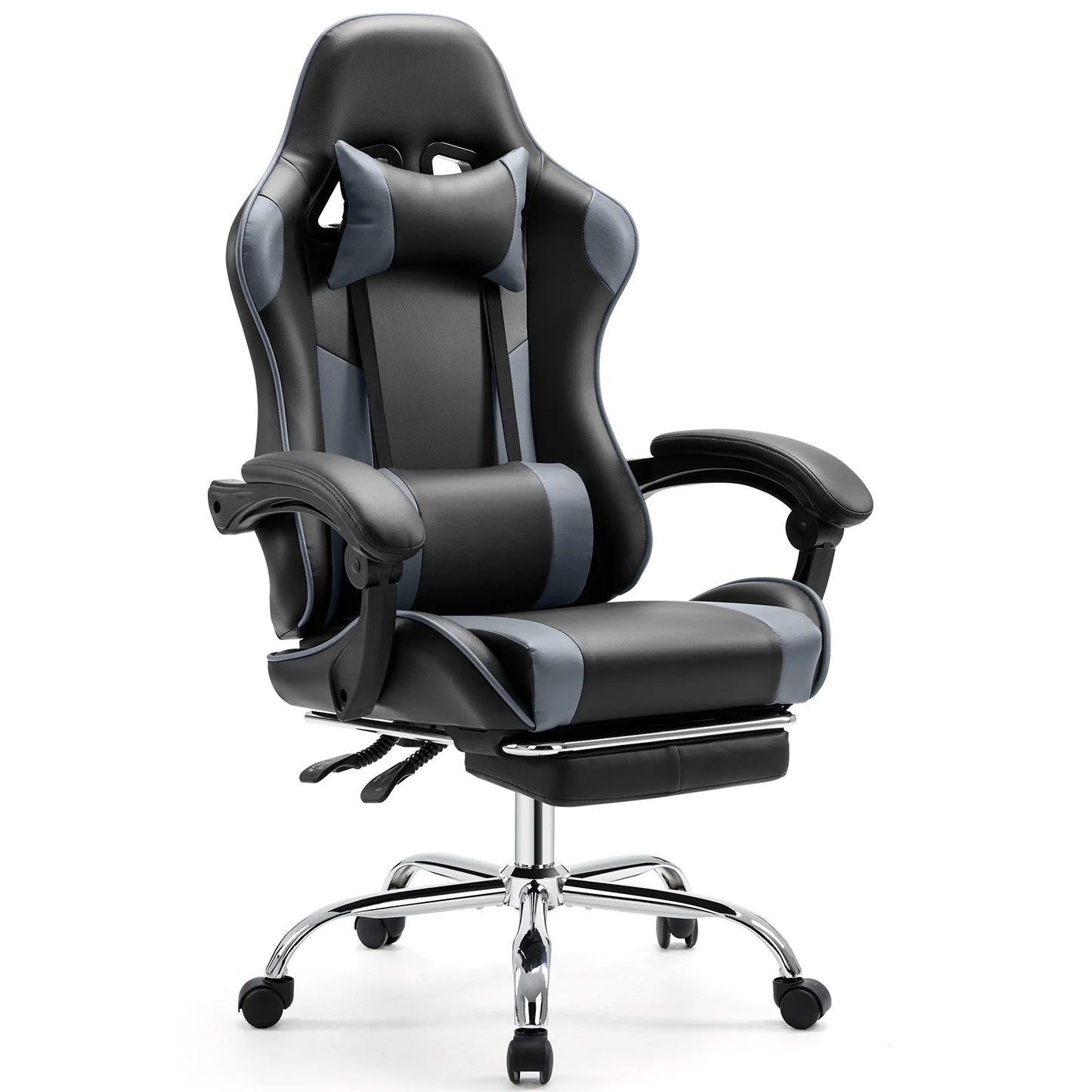 Gaming Stoel - Bureaustoel - Verstelbare Zithoogte - Comfortabel PU Leer - Met Hoofdsteun en Lendensteun - 360° Draaibare Wielen - Duurzaam Metalen Onderstel - Kantoor en Gaming - Grijs