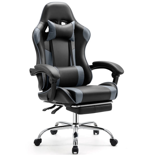 Gaming Stoel - Bureaustoel - Verstelbare Zithoogte - Comfortabel PU Leer - Met Hoofdsteun en Lendensteun - 360° Draaibare Wielen - Duurzaam Metalen Onderstel - Kantoor en Gaming - Grijs