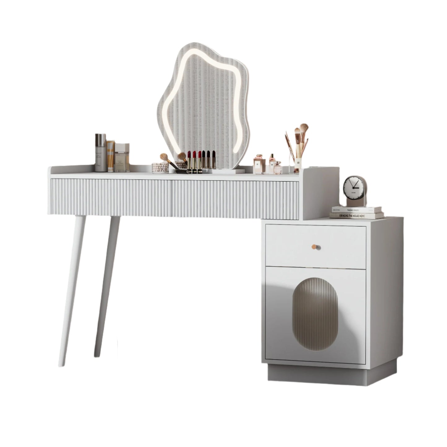 Kaptafel – Make-uptafel – Schminktisch – Verzorgingstafel – Witte Kaptafel – LED-Verlichting – Verstelbare Zijkast - Wit