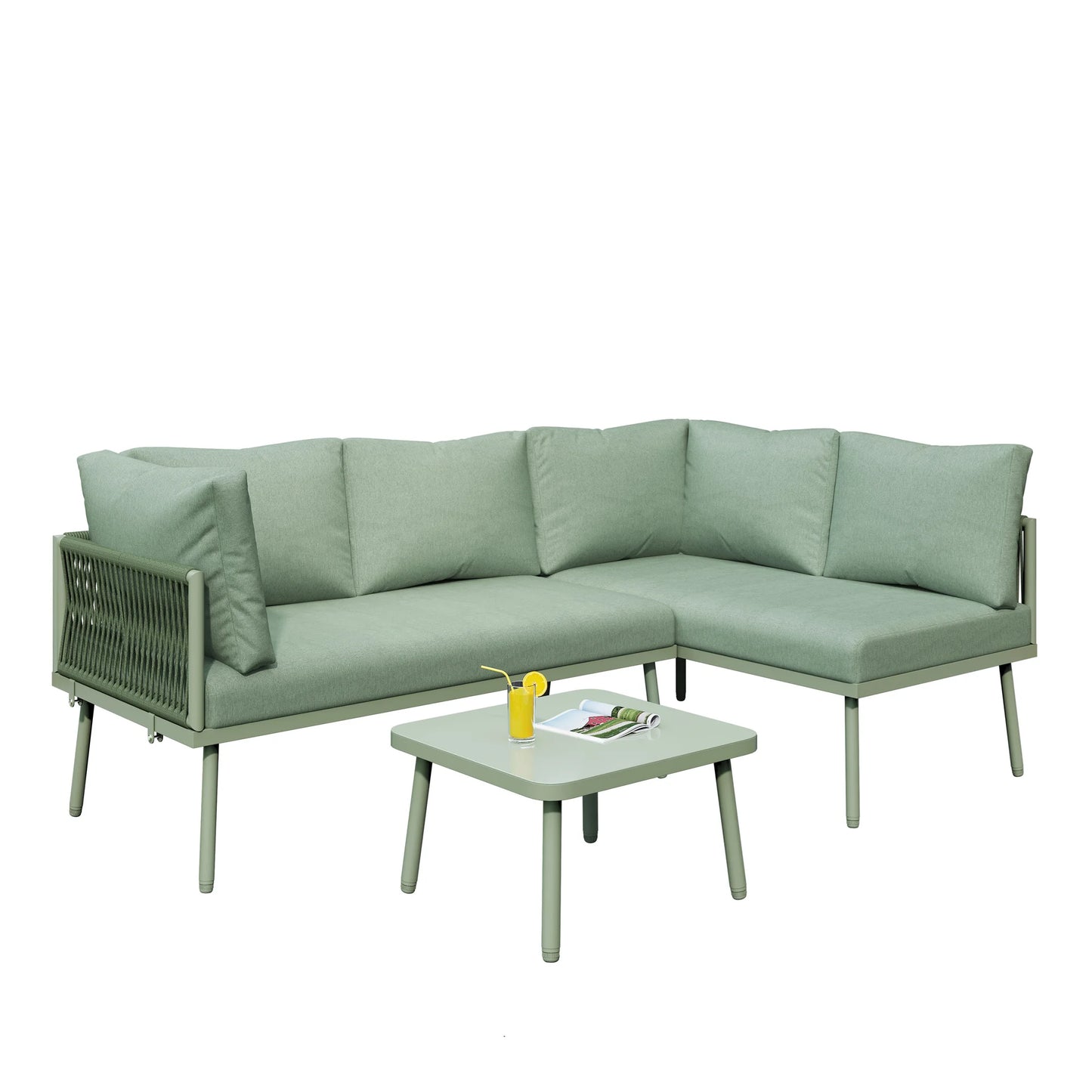 Groene Loungeset – Buitenmeubel – Tuinset – Terras Meubilair – L-Vorm – Waterbestendig Touw – Metalen Frame