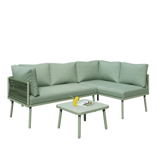 Groene Loungeset – Buitenmeubel – Tuinset – Terras Meubilair – L-Vorm – Waterbestendig Touw – Metalen Frame
