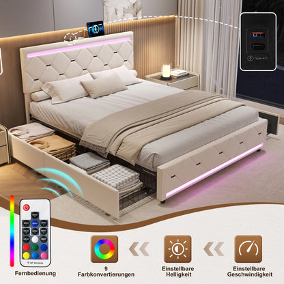 Bed Met Opberglade – Opbergbed – Tweepersoonsbed – Gestoffeerd Bed – Slaapbank – 140x190 cm – LED Hoofdbord Met USB Laadfunctie – 4 Ruime Laden