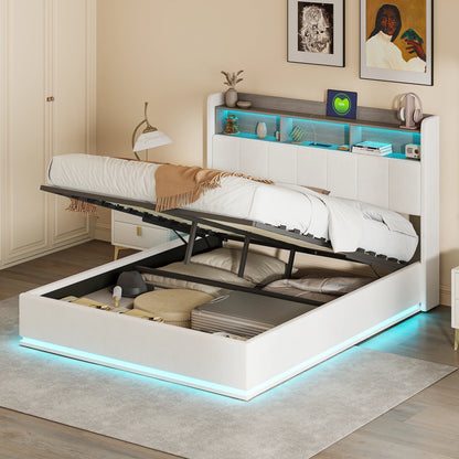 Tweepersoonsbed – Opklapbed – Bedframe – Slaapbank – Boxspring – Grijs Velours – LED-Verlichting – Opbergruimte – 140x200 / 160x200 cm - QUORE