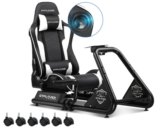 Simulator Cockpit – Sim Racing Cockpit – Race Simulator Stoel – Race Simulator Frame – Racing Wheel Stand – Verstelbaar Stuurwiel en Pedalen – Ingebouwde 3D Stereo Speakers – Wit Kunstleer