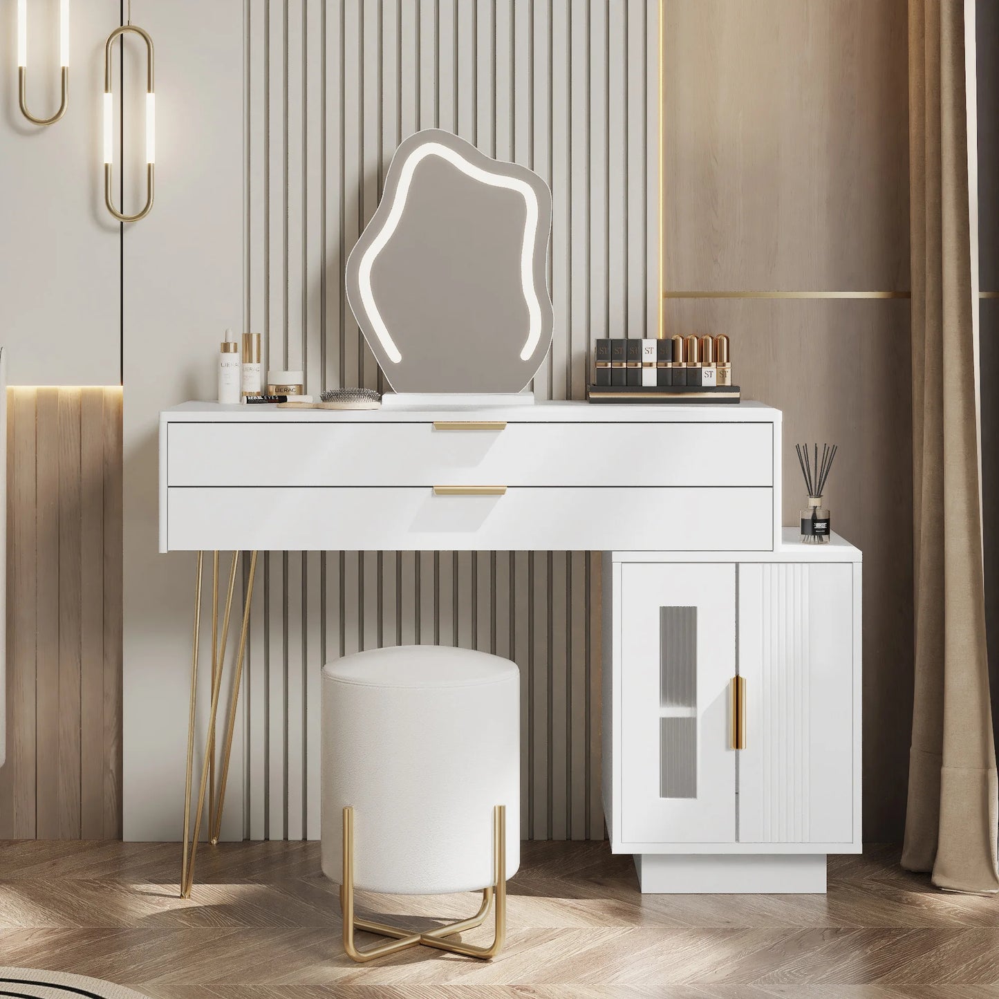 Make-uptafel – Kaptafel – Kosmetische tafel – Make-up dressing – Witte dressing table – LED-spiegel met 3 lichtstanden – Grote lades en flexibel ontwerp