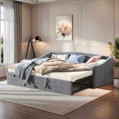 Slaapbank – Bedbank – Uitklapbare Bank – Slaapbank Zonder Matras – Grijs – Velvetstof – Compact 90x200 cm – Uitklapbaar Tot 180x200 cm