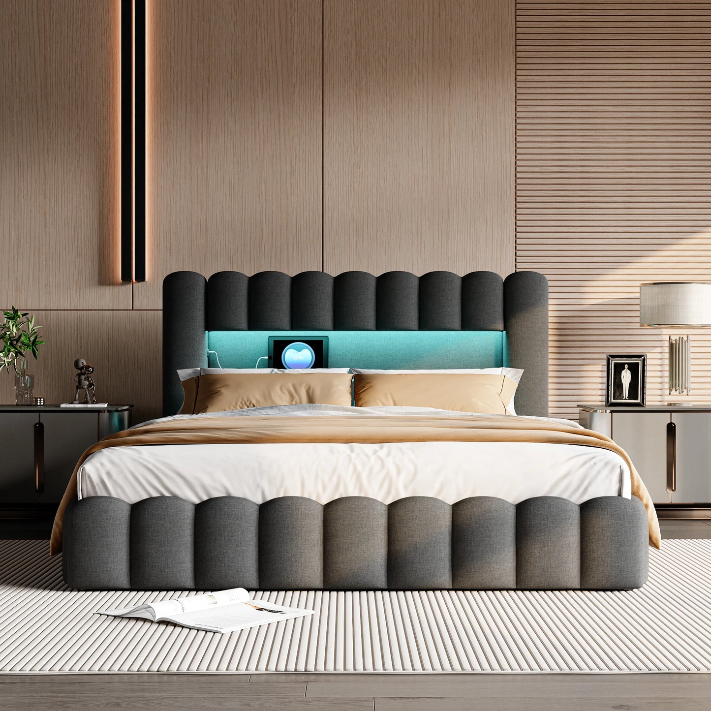 Tweepersoonsbed – Bed – Slaapbed – Bedframe – Gestoffeerd Bed – Grijs 140x200 cm – Verlicht Hoofdbord Met Instelbare LED’s – Ingebouwde USB-Oplaadpoort