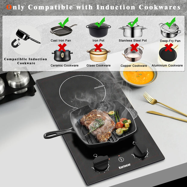 Inductie kookplaat - Induction Hob - Induction Cook Top - Inductie Fornuis - Elektrische Brander - Inbouw Inductiekookplaat - met 2 Branders - 30 cm - Inductiekookplaat met Stekker en Knopbediening - Zwart