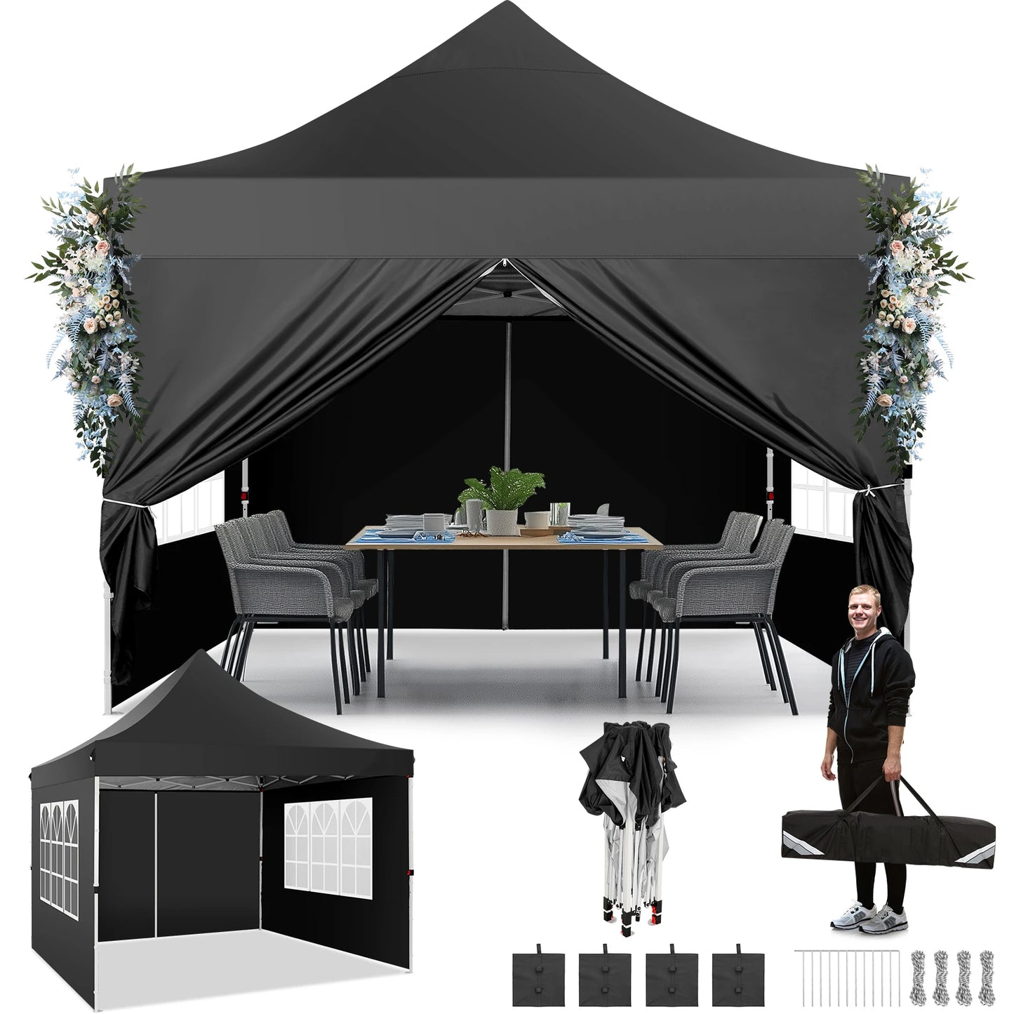 Partytent – Tent – Overkapping – Vouwtent – Paviljoen – 3x3 Meter – Waterdicht Oxford – UPF 50+ Bescherming - Zwart