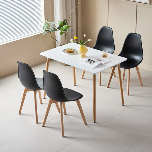 Rectangle Dining Table Set and 4Pcs Nordic Medieval Style Dining Chairs w/Wooden legs for Living Room Dining Room Kitchen White - QUORE