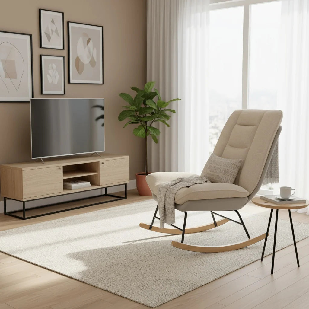 Schommelstoel Woonkamer – Schommelstoel Volwassenen – Gevoerde Schommelstoel – Scandinavische Schommelstoel – Verstelbare Rugleuning – Ergonomisch Comfort – Licht Metalen Frame – Wit Rice Variant