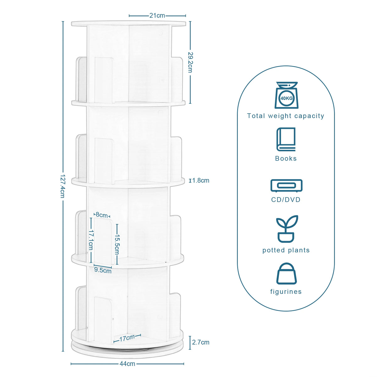 Boekenkasten - 4-Tier - Roterende Boekenplank - met 16 Compartimenten - voor Woonkamer - Kantoor - Kinderkamer - Organizer en Decoratie - 44 x 127,4 cm (φ x H) - Wit