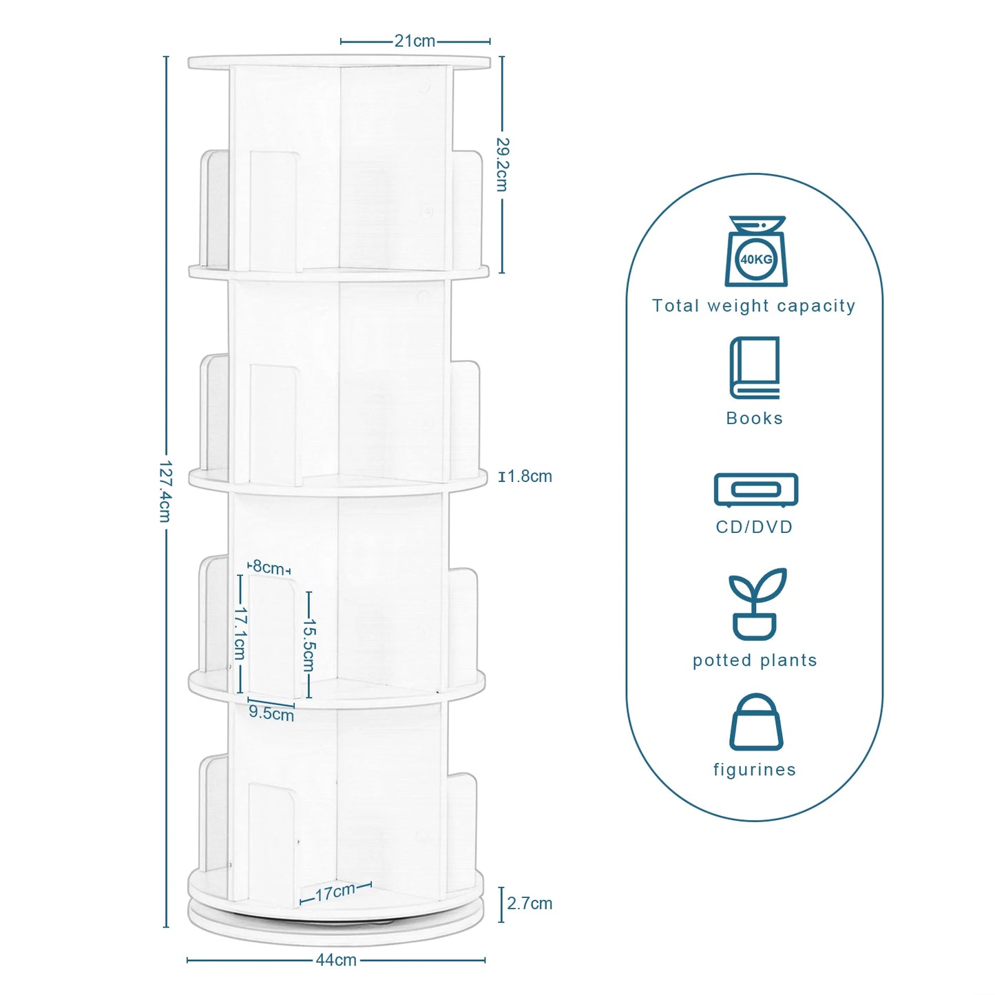 Roterende Boekenkast – 360° Draaibaar Boekenrek met 4 Verdiepingen en 16 Compartimenten – Compact Opslagsysteem – 127,4 cm Hoog – Ideaal voor Kinderkamer, Woonkamer of Kantoor – Moderne Boekenkast in Wit