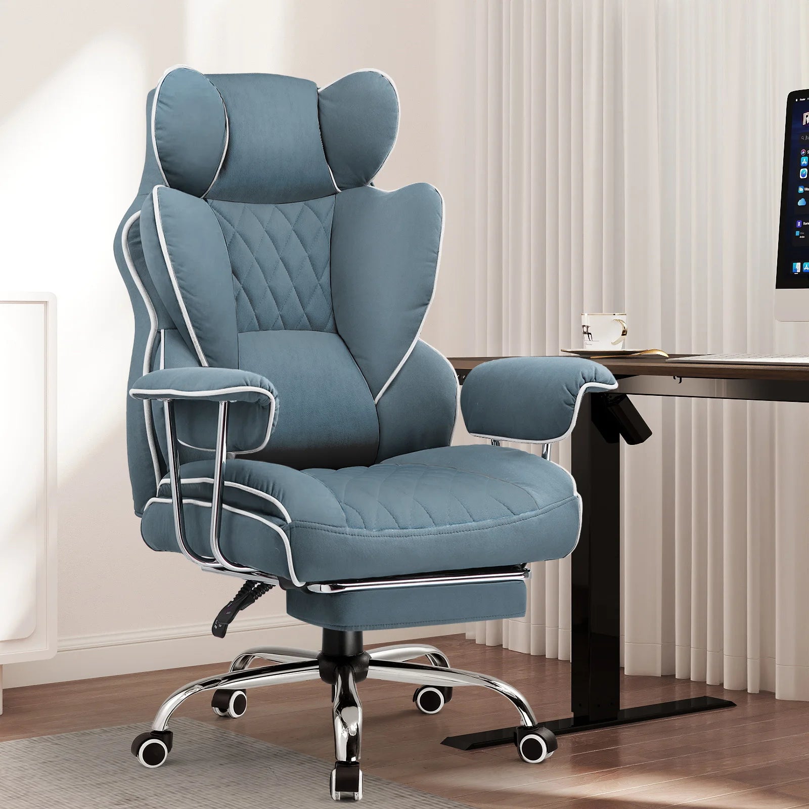 Ergonomische Bureaustoel - Gaming Stoel - Bureaustoelen Stoelen - met Pocketvering Rugsteun -Verstelbare Voetsteun - Comfortabele Brede Zitting - 90-135° Kanteling - met Armleuningen en Wieltjes - Wit - Stof - QUORE