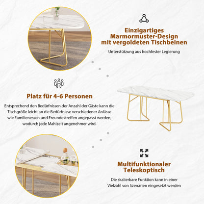 Eettafel – Uitbreidbare Tafel – Uitschuifbare Eettafel – Moderne Tafel – MDF Tafelblad – Marmerlook – Gouden Metalen Poten - 120-180 x 80 x 75 cm - Wit