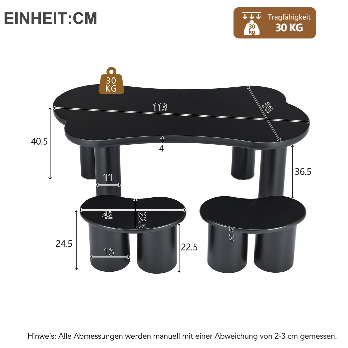 Salontafel – Botvormige Tafel – Woonkamertafel – Banken Set – MDF Tafelblad – Stevige PVC-Poten - 121.5 x 65.5 x 20 cm - Zwart