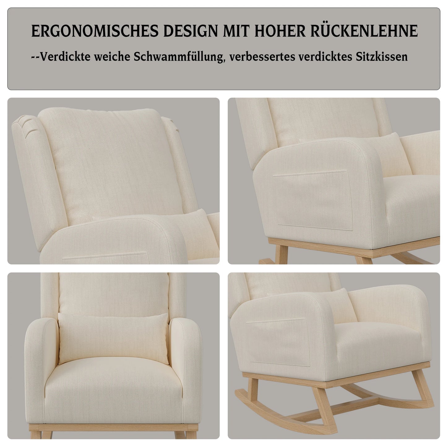 Schommelstoel – Schommelstoel Met Kussen – Relaxstoel – Woonkamerstoel – Linnen Stoel Beige – Comfortabele Dikke Rugleuning – Zachte Teddy Fleece Bekleding - QUORE