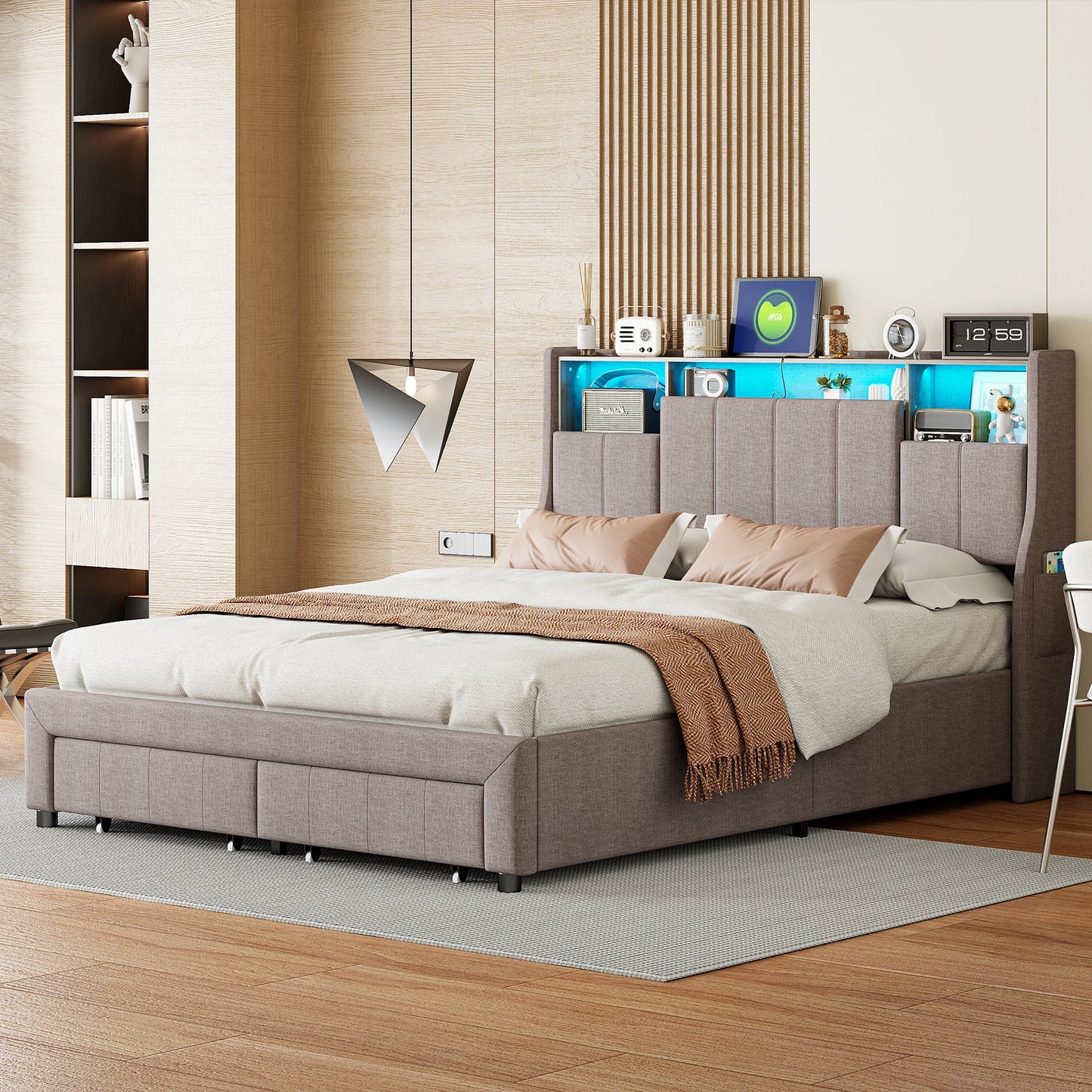 Tweepersoonsbed – Bedframe – Slaapbank – Opbergbed – Jeugdbed – 140x200 cm – Met LED-verlichting en USB-poorten – Inclusief 2 Opberglades - QUORE
