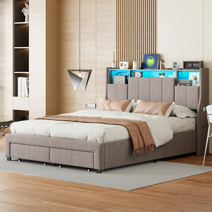 Tweepersoonsbed – Bed – Opbergbed – Led Bed – Slaapbank – 160x200 cm – Met Led Verlichting en Usb Poorten – Inclusief 2 Grote Laden