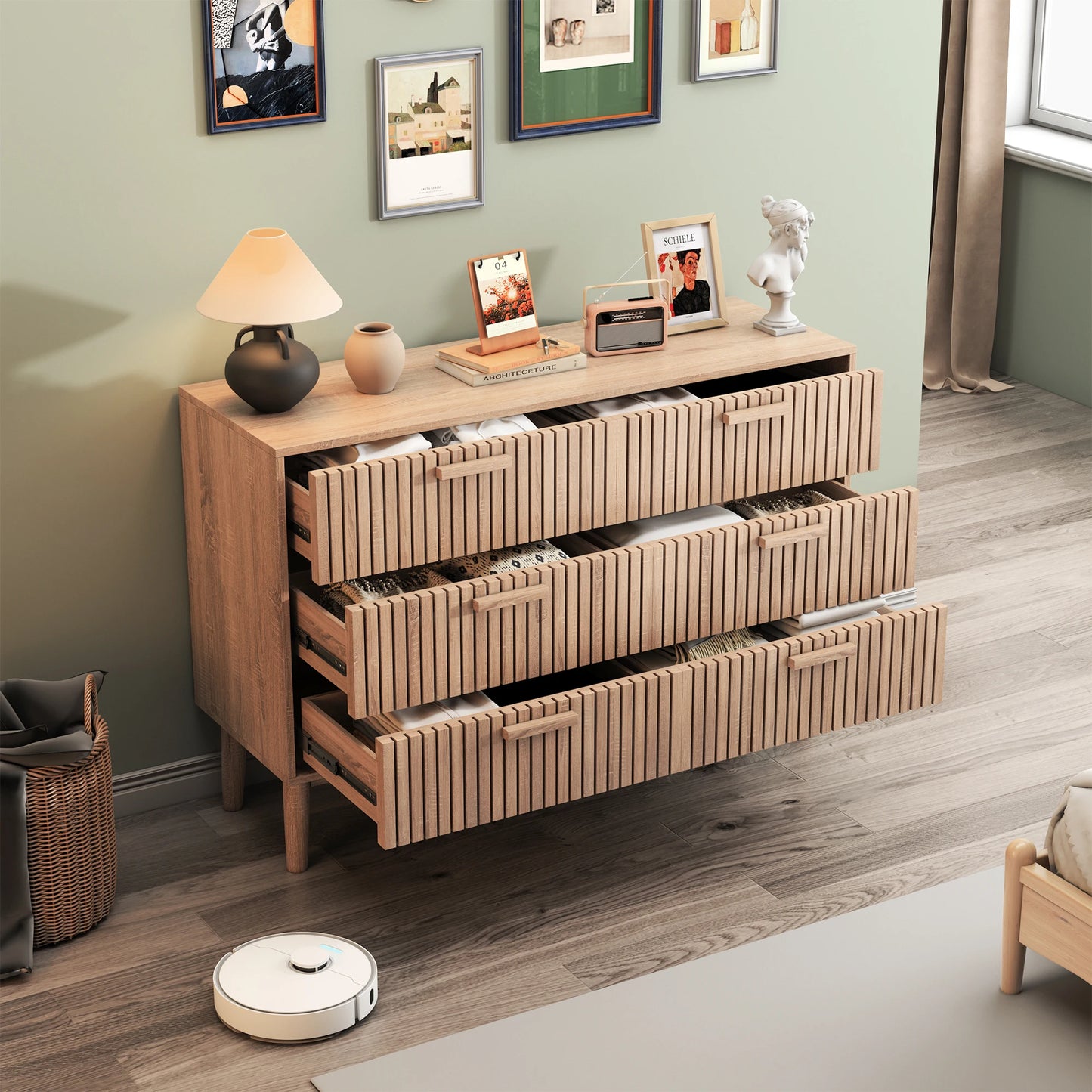 Ladekast – Dressoir – Kledingkast – Opbergkast – Ladenkast – Wit Met Verticale Houtnerf – 4 Ruime Lades – Stevig Houten Poten