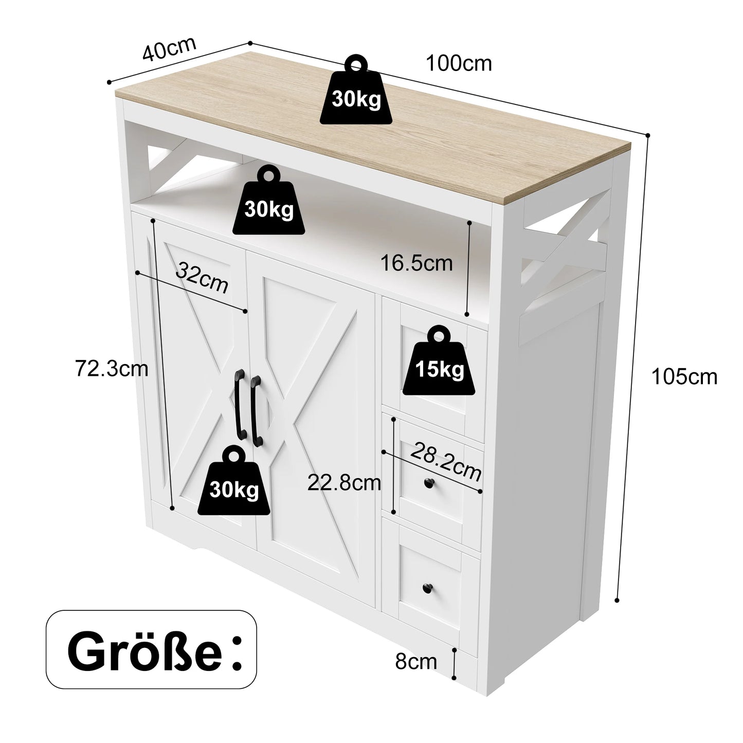 Houten Dressoir – Opbergkast – Sideboard – Kast – Ladekast – Wit Met Houtaccenten – 3 Laden & 2 Deuren – Compact 100x40x72,3 cm