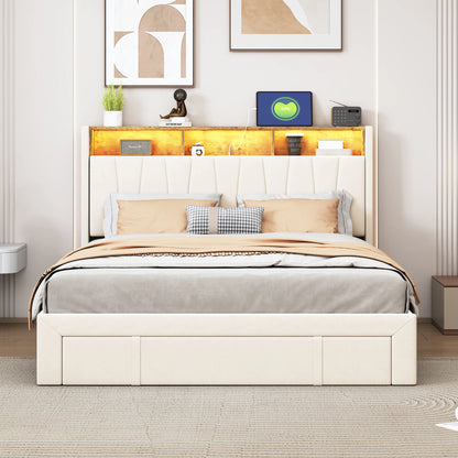 Bedombouw – Gestoffeerd Bed – Tweepersoonsbed – Opbergbed – Ledikant – 160x200 cm – Met LED-verlichting en USB Type-C Poorten