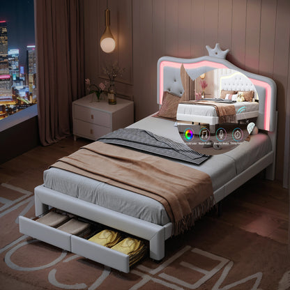 Kinderbed – Peuterbed – Eenpersoonsbed – Meisjesbed – Prinsessenbed – 140x200 cm – Met Kroonvormige Hoofdsteun – Inclusief Opberglades - QUORE